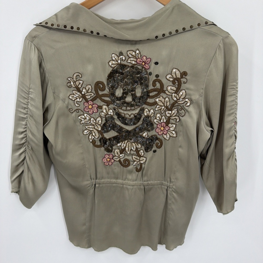 Soul Revival S Khaki Green Ruched Y2K  Embroidered Blouse Skull Sequins See Pics